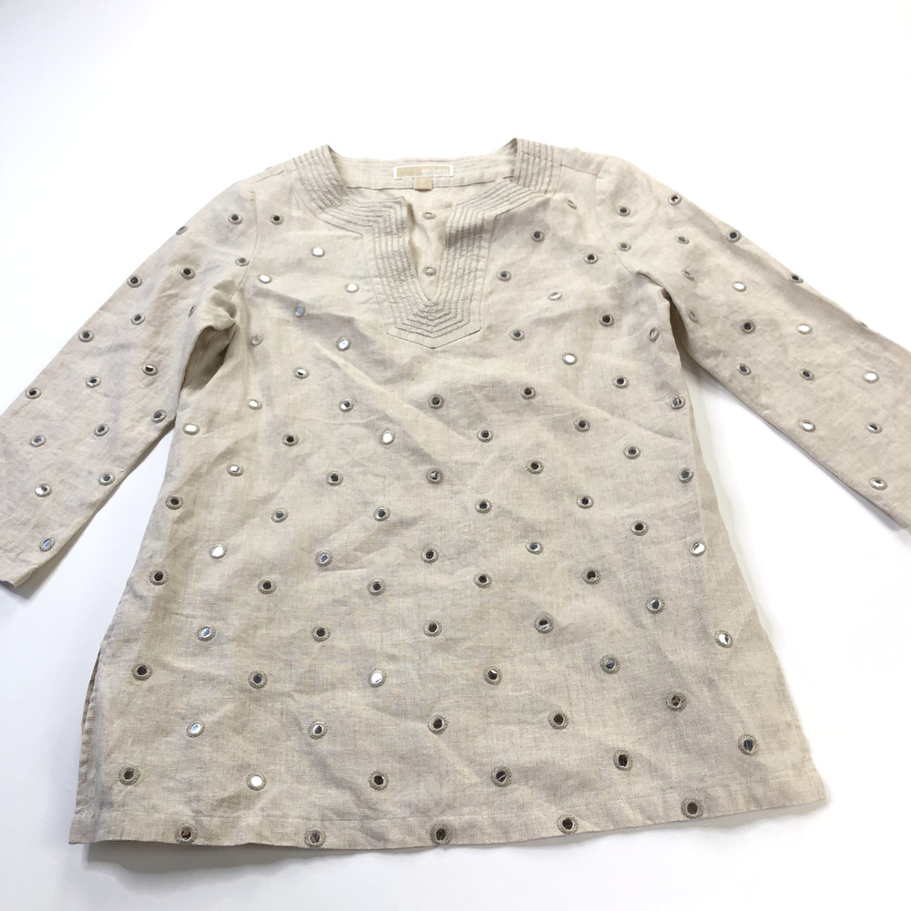 Michael Kors Medium 100% Linen Womens Pullover Top Embellished Blouse Beige MINT